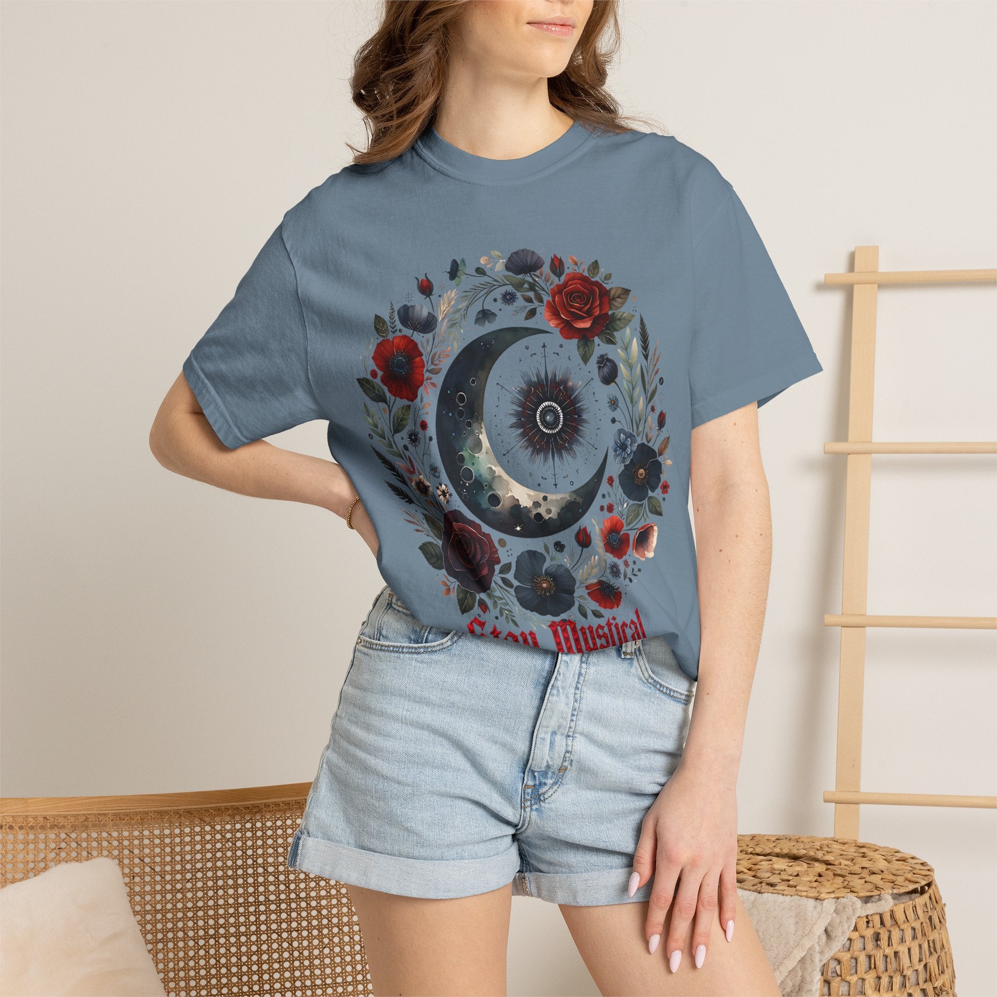 Mystical Moon T-Shirt — “Stay Mystical” Floral Crescent Tee - Dark Aesthetic T-Shirt, Mid Night Eye, LLC