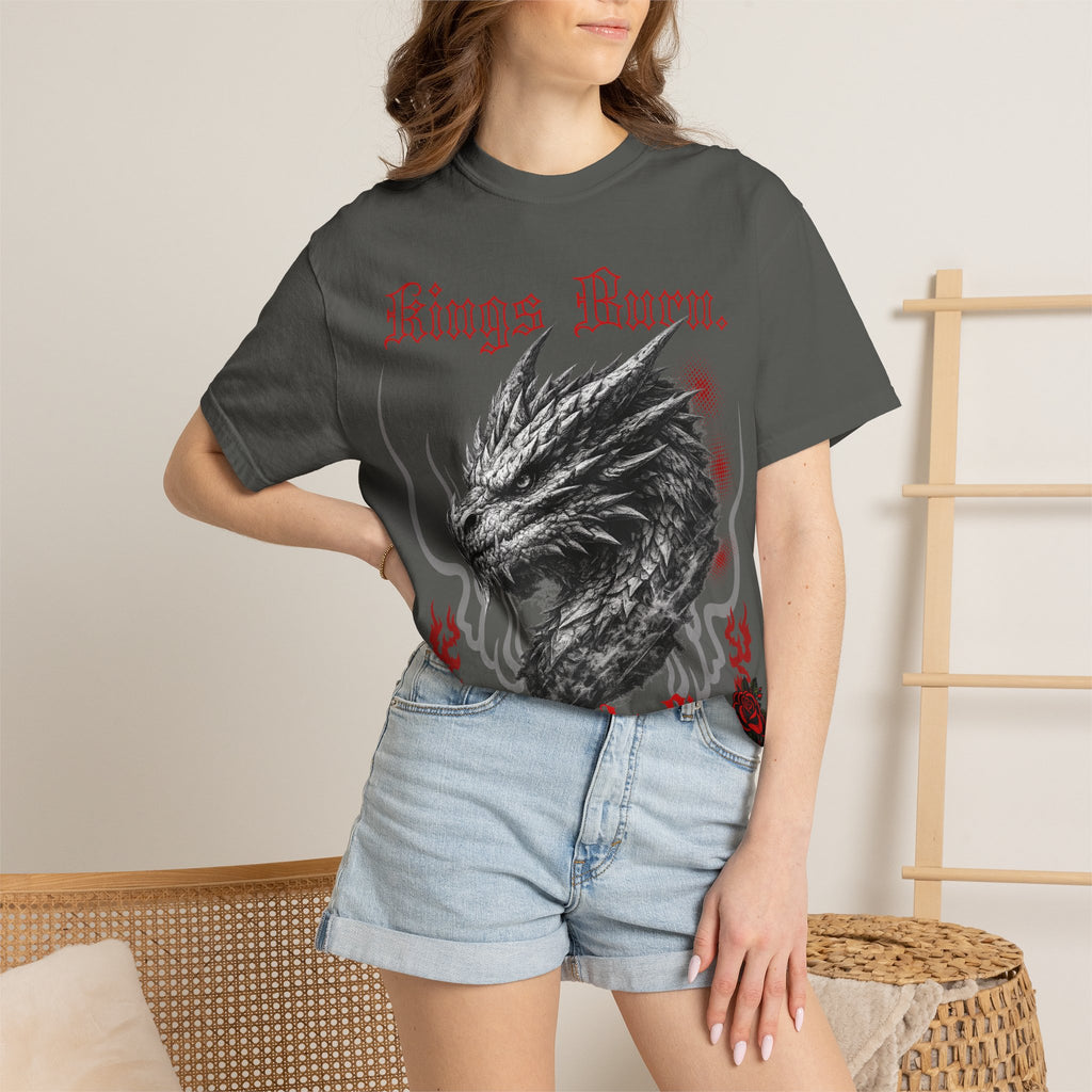 Dragon Head T-Shirt — "Kings Burn. Legends Rise." Red Rose Tattoo Graphic T-Shirt. Midnight Eye, LLC.