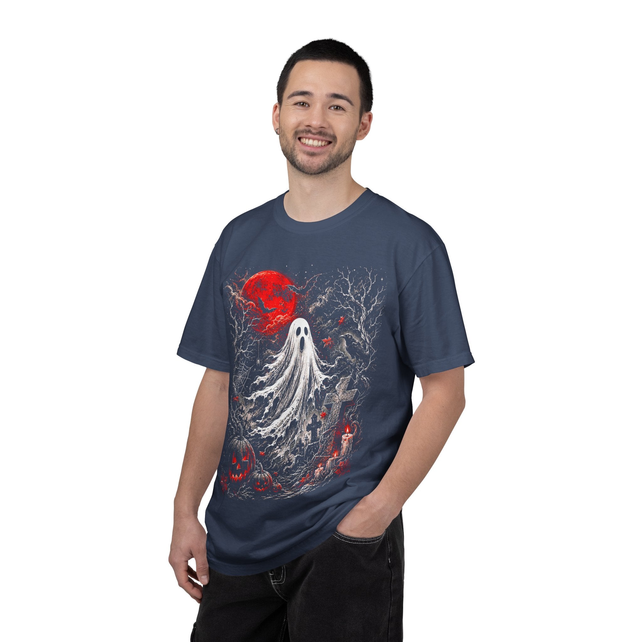 Halloween Ghost T-Shirt — Spooky Graveyard Design with Red Moon. Midnight Eye, LLC.