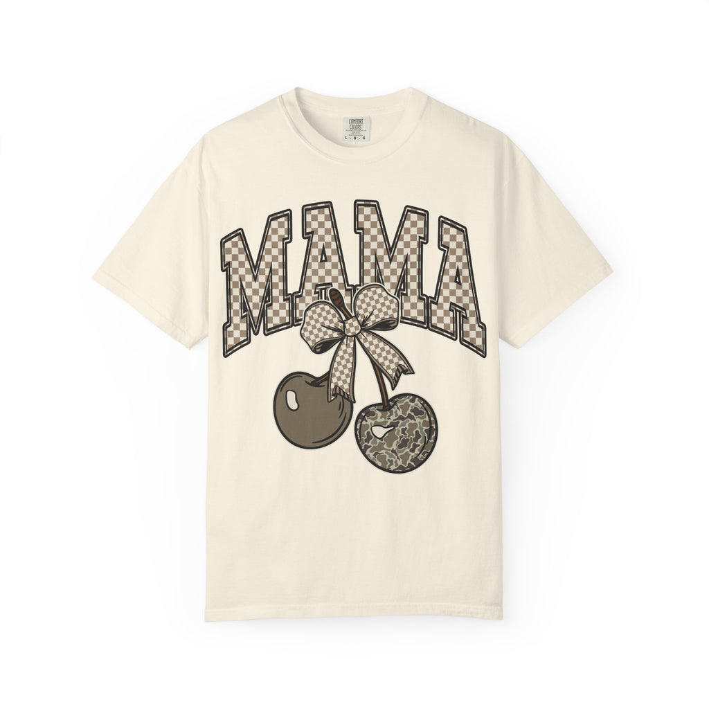 Mama Cherry Graphic T-Shirt — Retro Checkerboard Cherry Design. Midnight Eye, LLC