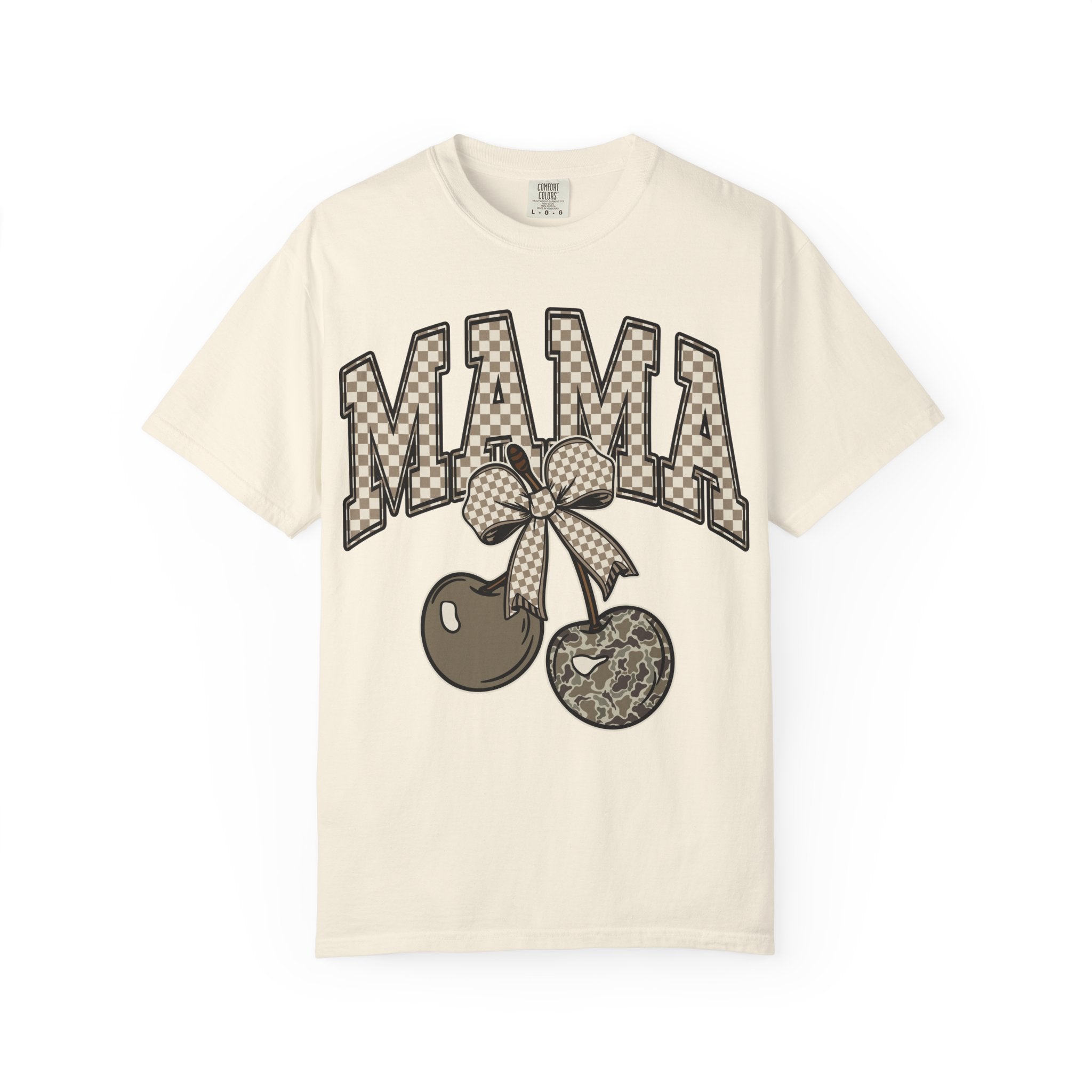 Mama Cherry Graphic T-Shirt — Retro Checkerboard Cherry Design. Midnight Eye, LLC