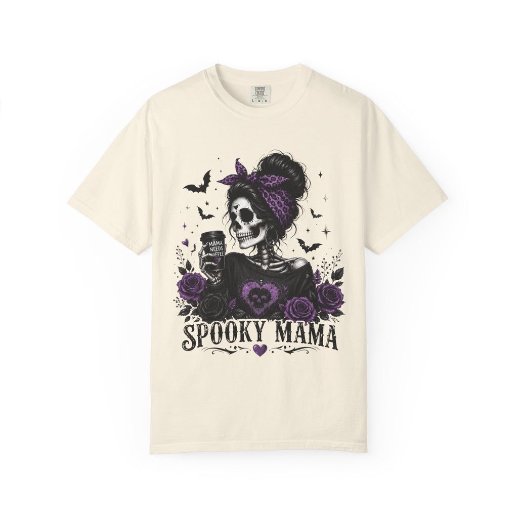 Spooky Mama T-Shirt — Gothic Skull  and Bats Mom Tee with Purple Roses. Midnight Eye, LLC. 