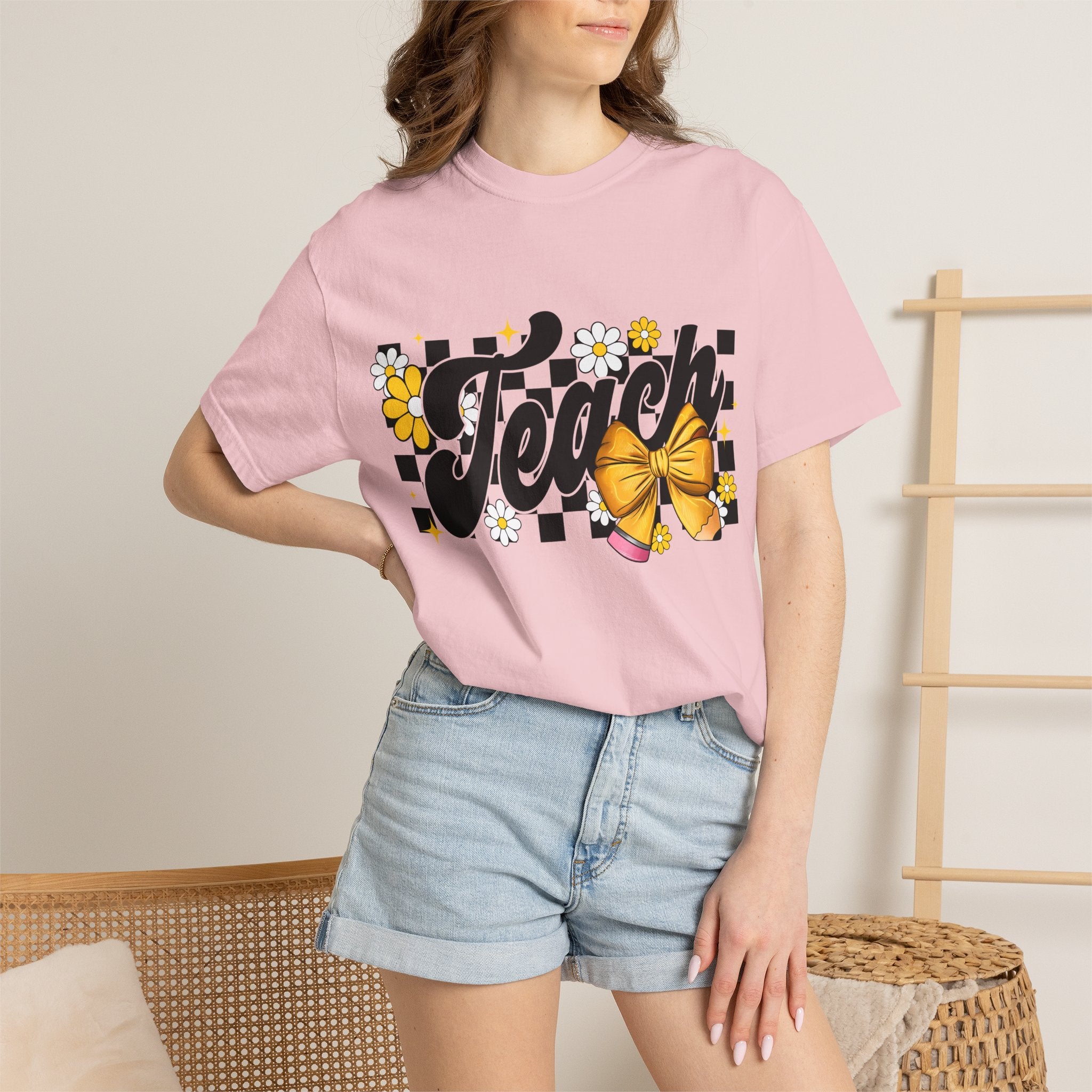 Teacher Floral Bow T-Shirt — 'Teach' Checkerboard Design
