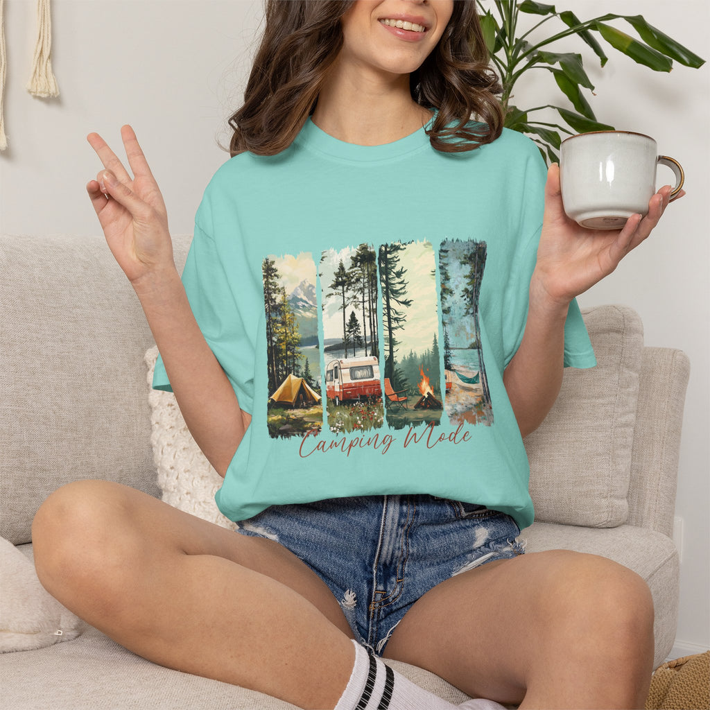 Camping Vibes T-Shirt — 'Camping Mode' Scenic Camper Retro Graphic Tee - Family Adventure Tee - Outdoor Tee - Midnight Eye, LLC
