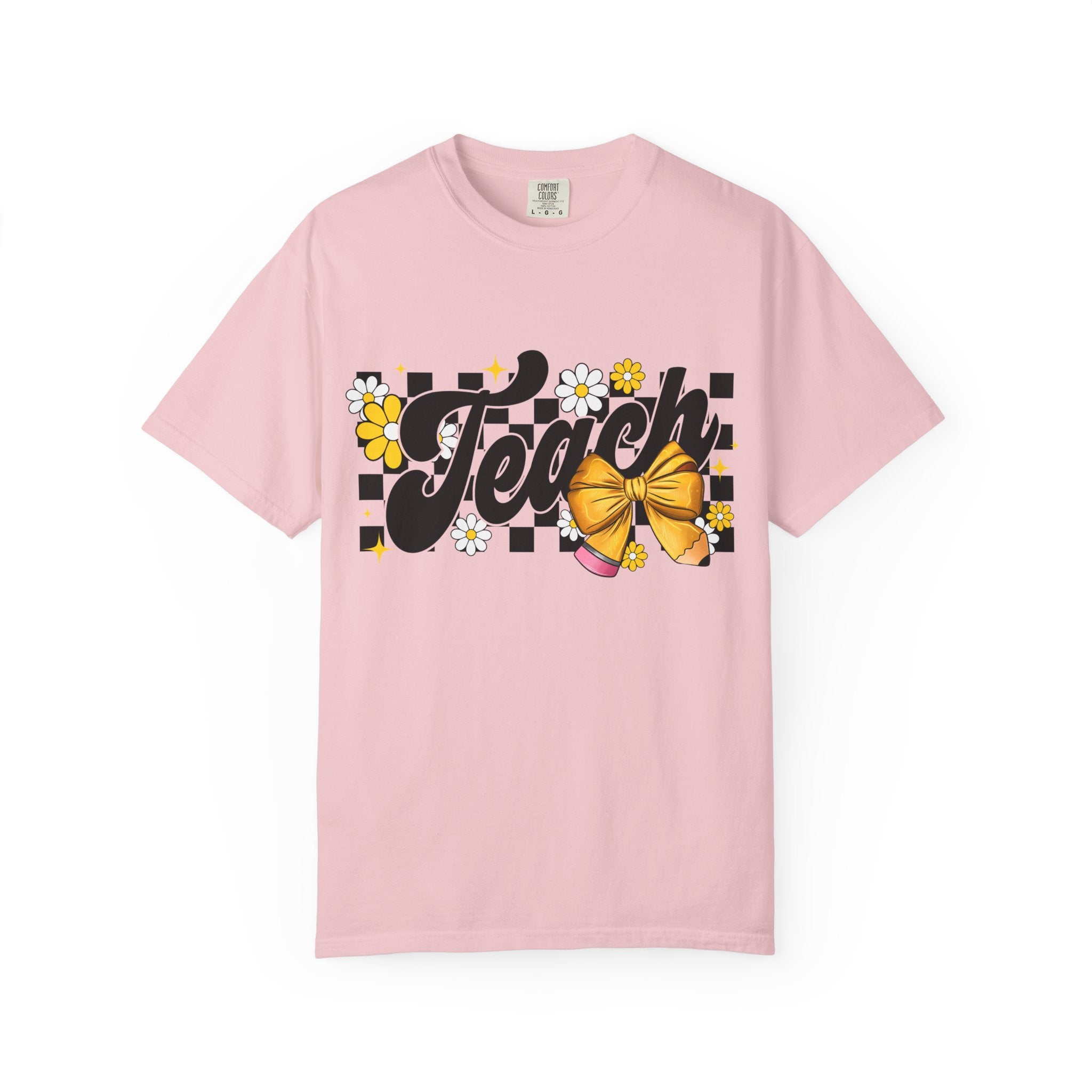 Teacher Floral Bow T-Shirt — 'Teach' Checkerboard Design
