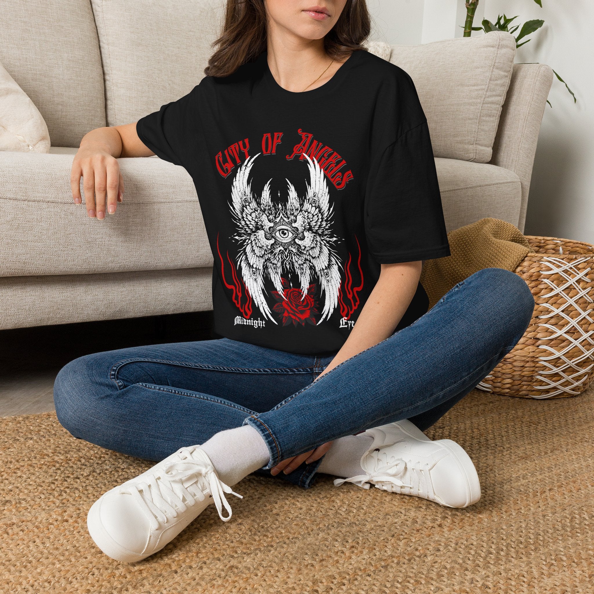 Winged Eye & Red Rose Graphic Tee — Streetwear T-Shirt - Goth Distressed Tee. Midnight Eye, LLC.