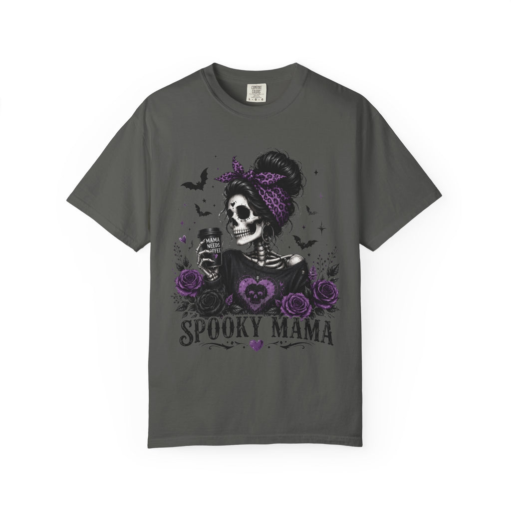 Spooky Mama T-Shirt — Gothic Skull  and Bats Mom Tee with Purple Roses. Midnight Eye, LLC. 