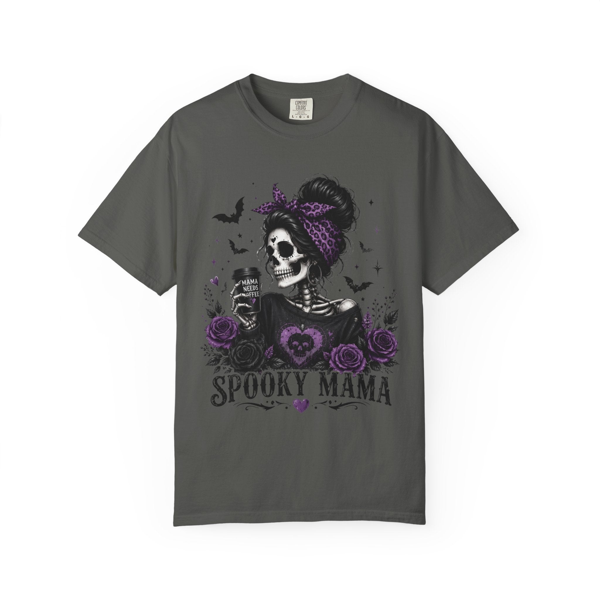 Spooky Mama T-Shirt — Gothic Skull  and Bats Mom Tee with Purple Roses. Midnight Eye, LLC. 