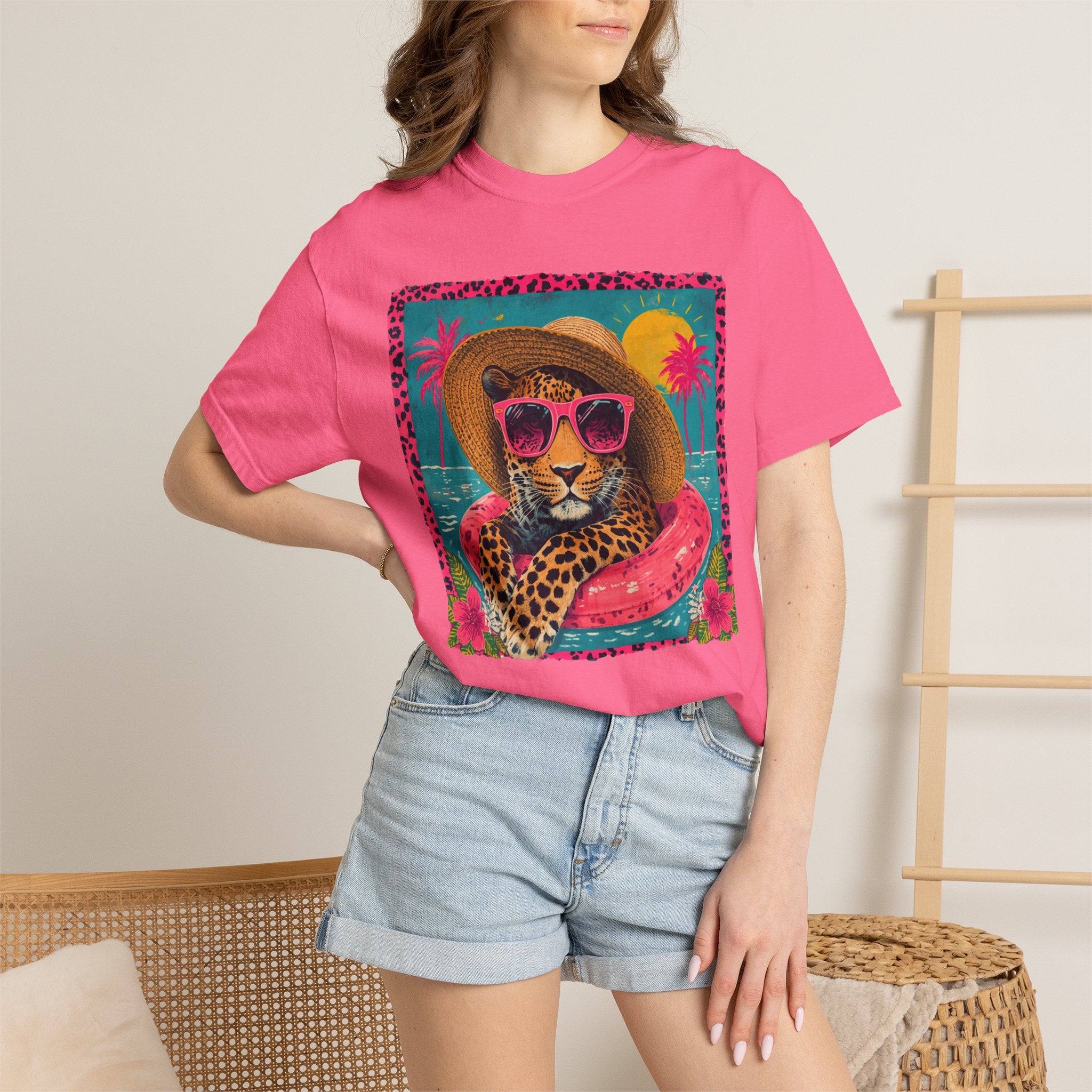 T-Shirt — Tropical Leopard in Sunglasses Summer Graphic - Sassy Vacation T-Shirt. Midnight Eye, LLC.