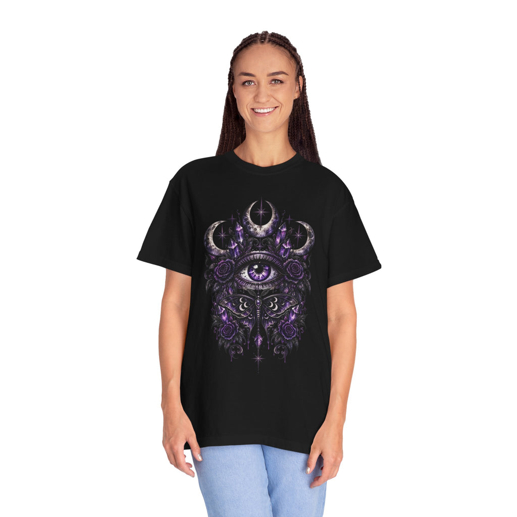 Mystic Eye and Moon T-Shirt — Purple Occult Floral Graphic Tee. Midnight Eye, LLC