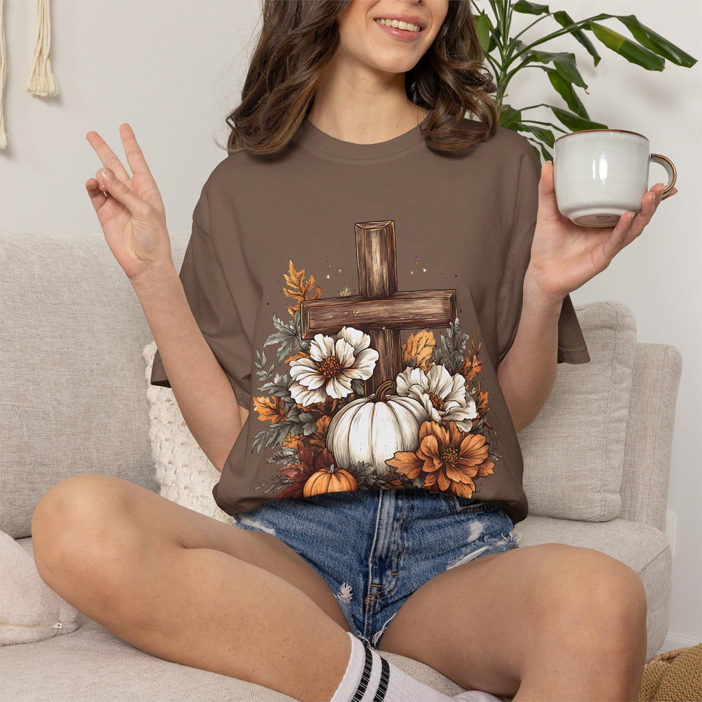 Faithful Fall Cross T-Shirt — Pumpkin & Floral Autumn Christian Tee. Midnight Eye, LLC