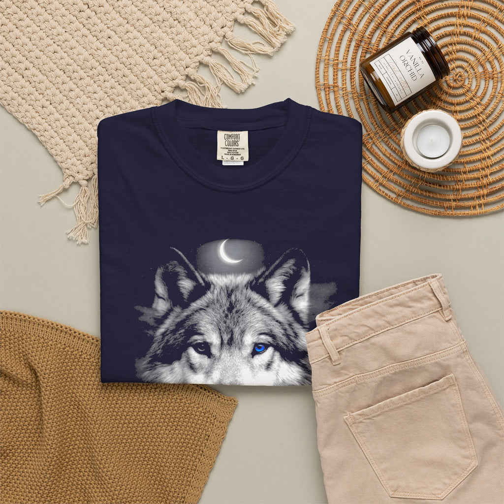 Feral and Free Vintage Moon Wolf T-Shirt -  Moon and Wolf Dark Aesthetic Tee. Midnight Eye, LLC