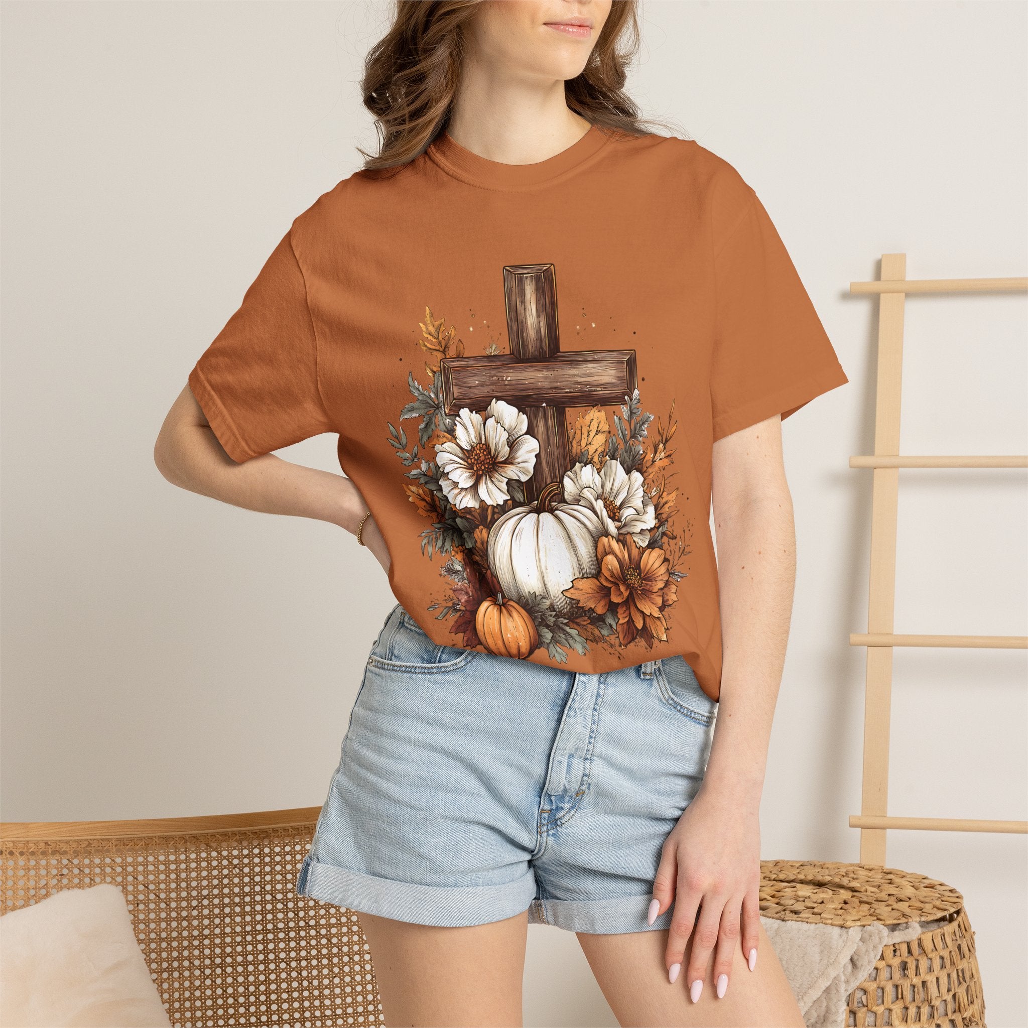 Faithful Fall Cross T-Shirt — Pumpkin & Floral Autumn Christian Tee. Midnight Eye, LLC