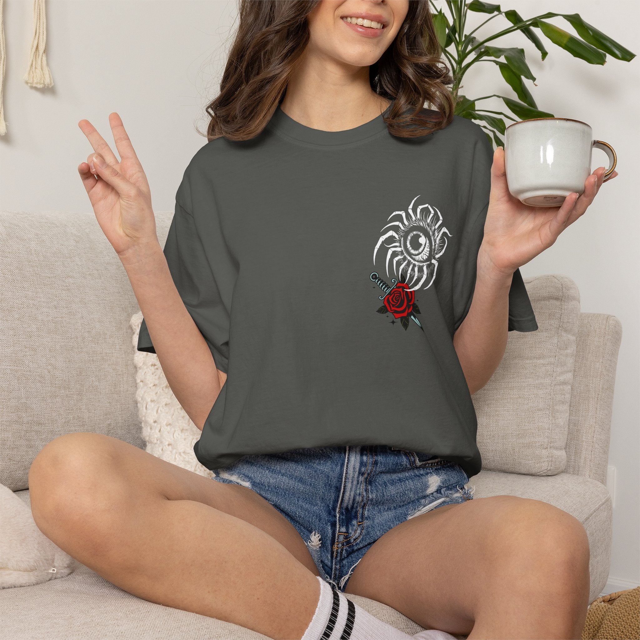 Skull & Red Rose Graphic T-Shirt — Midnight Rose Back Print - Eye T-Shirt - Mystical Tee - Dark Aesthetic Tee - Midnight Eye, LLC