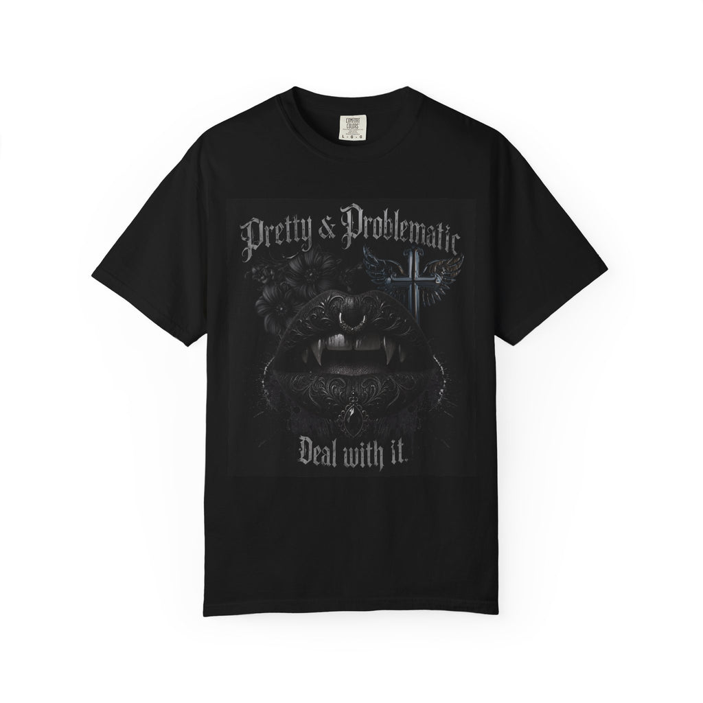 Pretty & Problematic Graphic T‑Shirt — 'Deal With It' Gothic Lips and Fangs Design. Midnight Eye, LLC