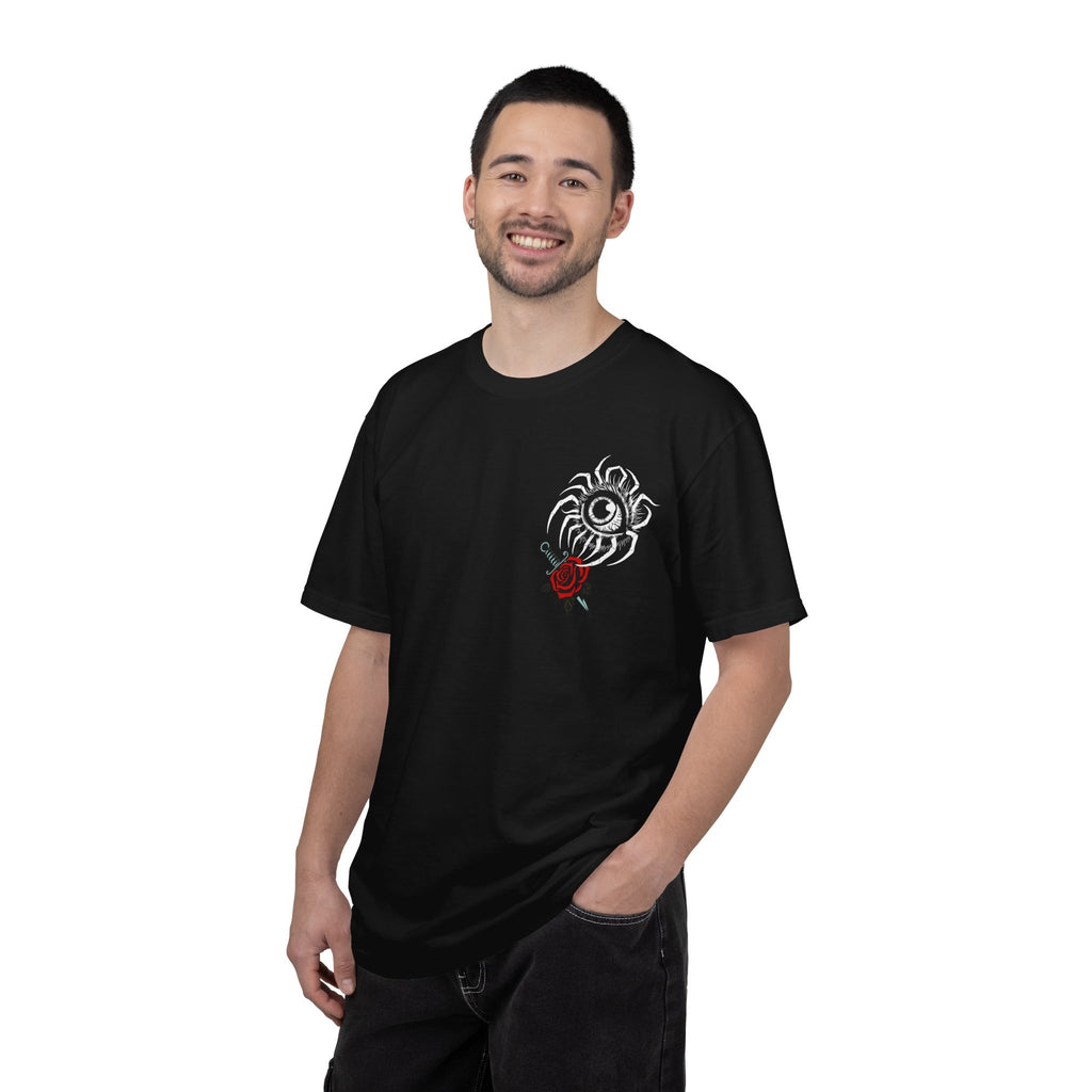 Skull & Red Rose Graphic T-Shirt — Midnight Rose Back Print - Eye T-Shirt - Mystical Tee - Dark Aesthetic Tee - Midnight Eye, LLC