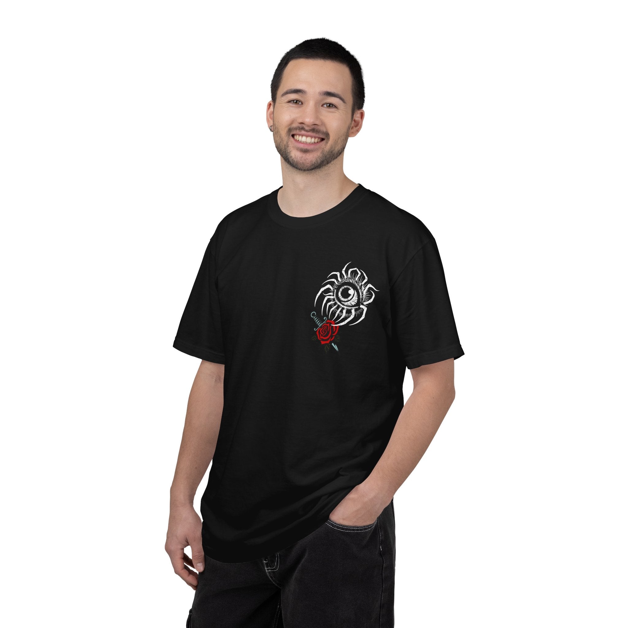 Skull & Red Rose Graphic T-Shirt — Midnight Rose Back Print - Eye T-Shirt - Mystical Tee - Dark Aesthetic Tee - Midnight Eye, LLC