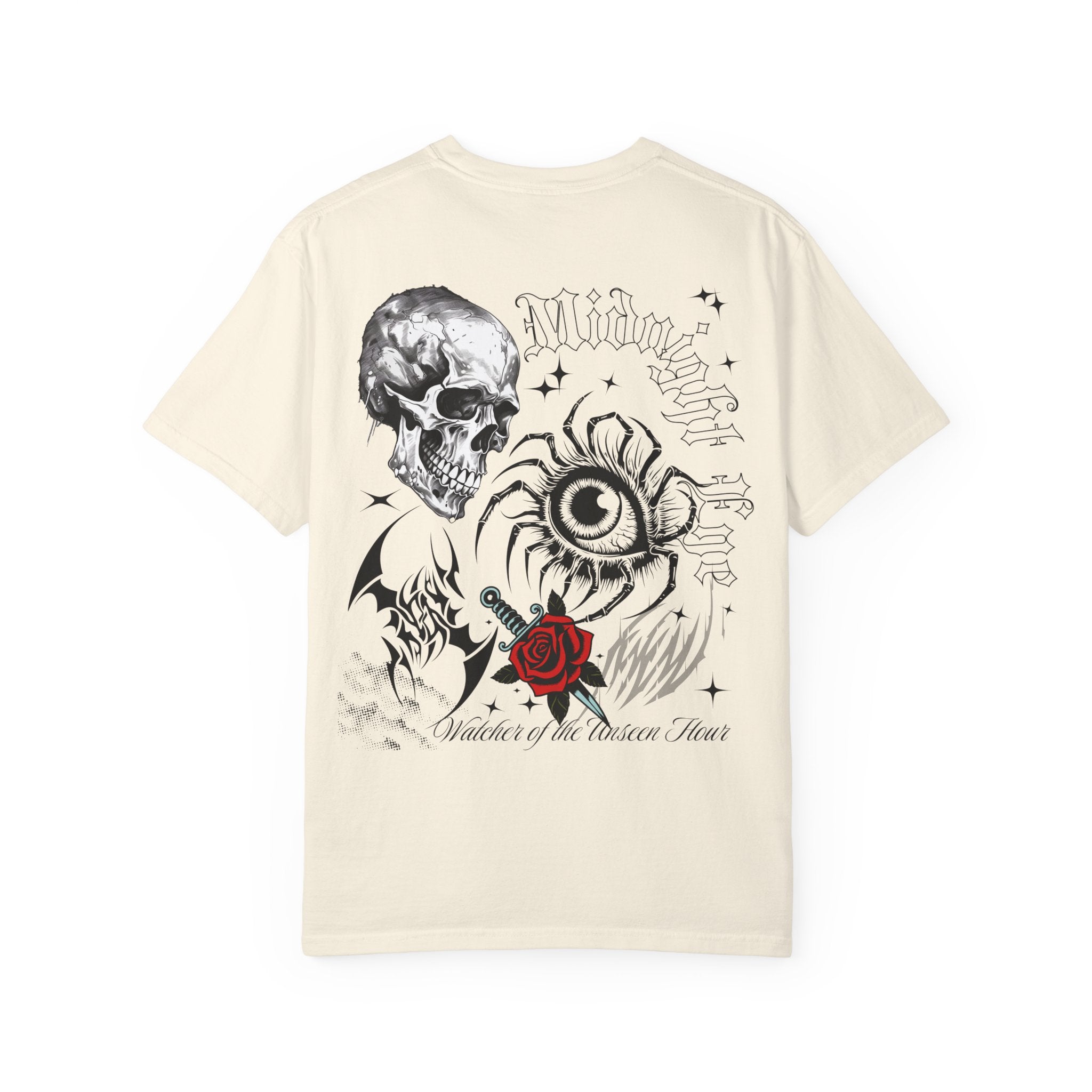 Graphic Skull & Red Rose Gothic T‑Shirt - Edgy Streetwear T-Shirt - Vintage Tee - Dark Aesthetic Tee - Midnight Eye, LLC