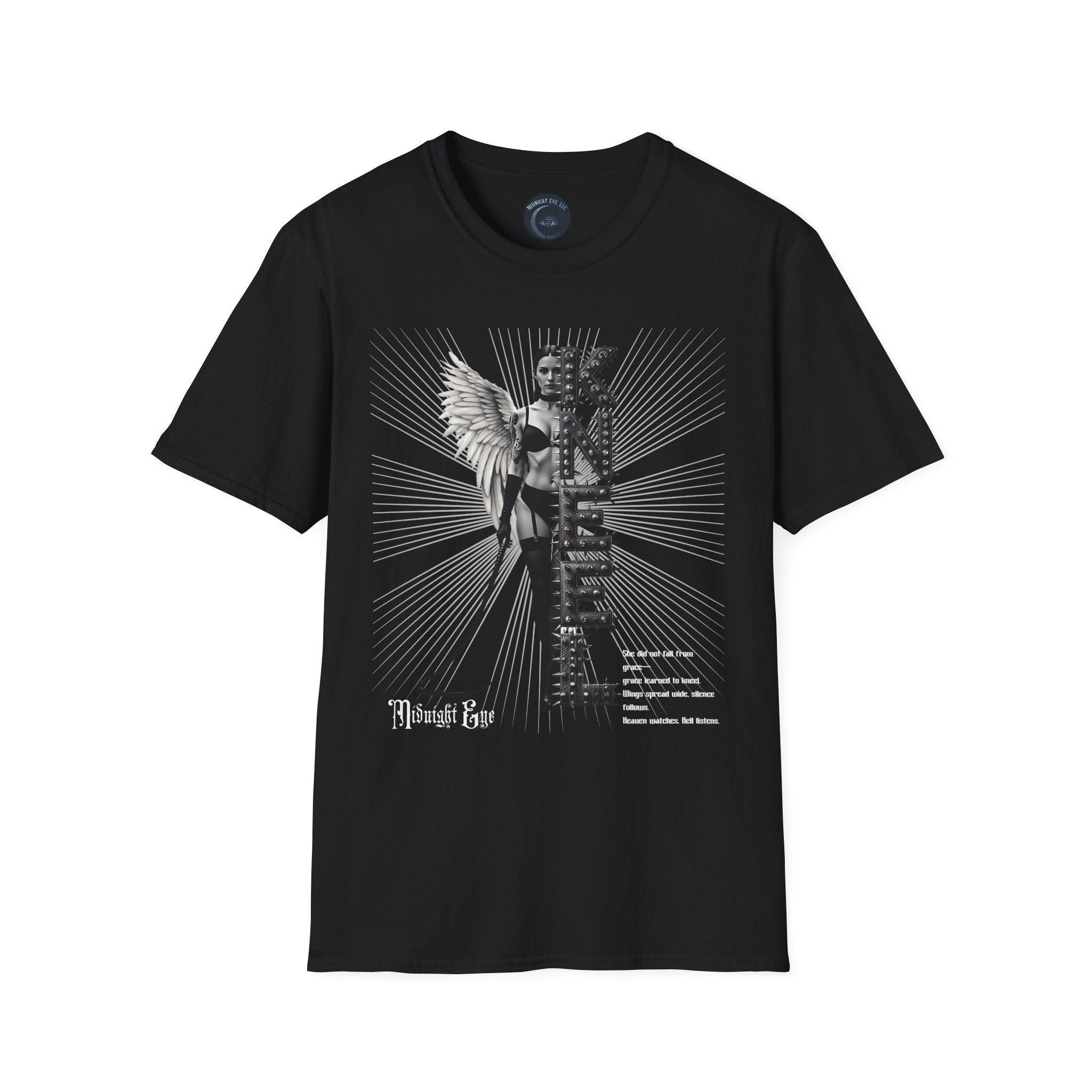 Goth Angel Graphic T-shirt - BDSM Tee - "kneel" Punk Font Tee - Vintage T-shirt - Midnight Eye, LLC