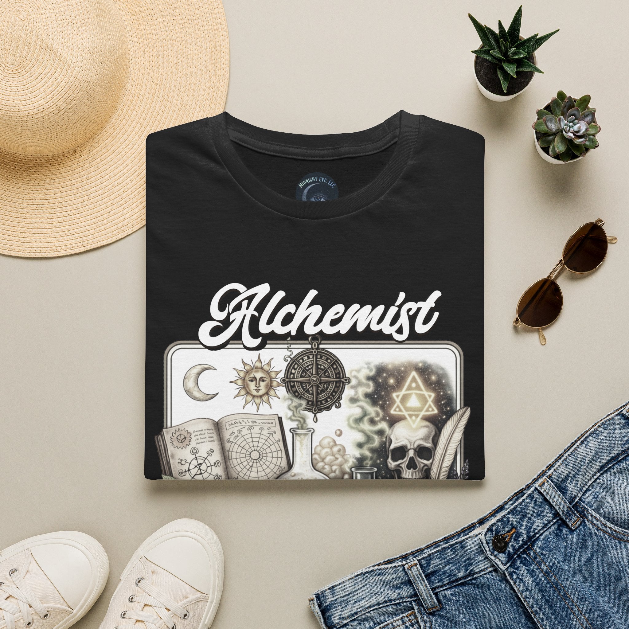 Alchemist Graphic T-Shirt — Vintage Apothecary Potion & Skull Design - Mystical Tee. Midnight Eye, LLC