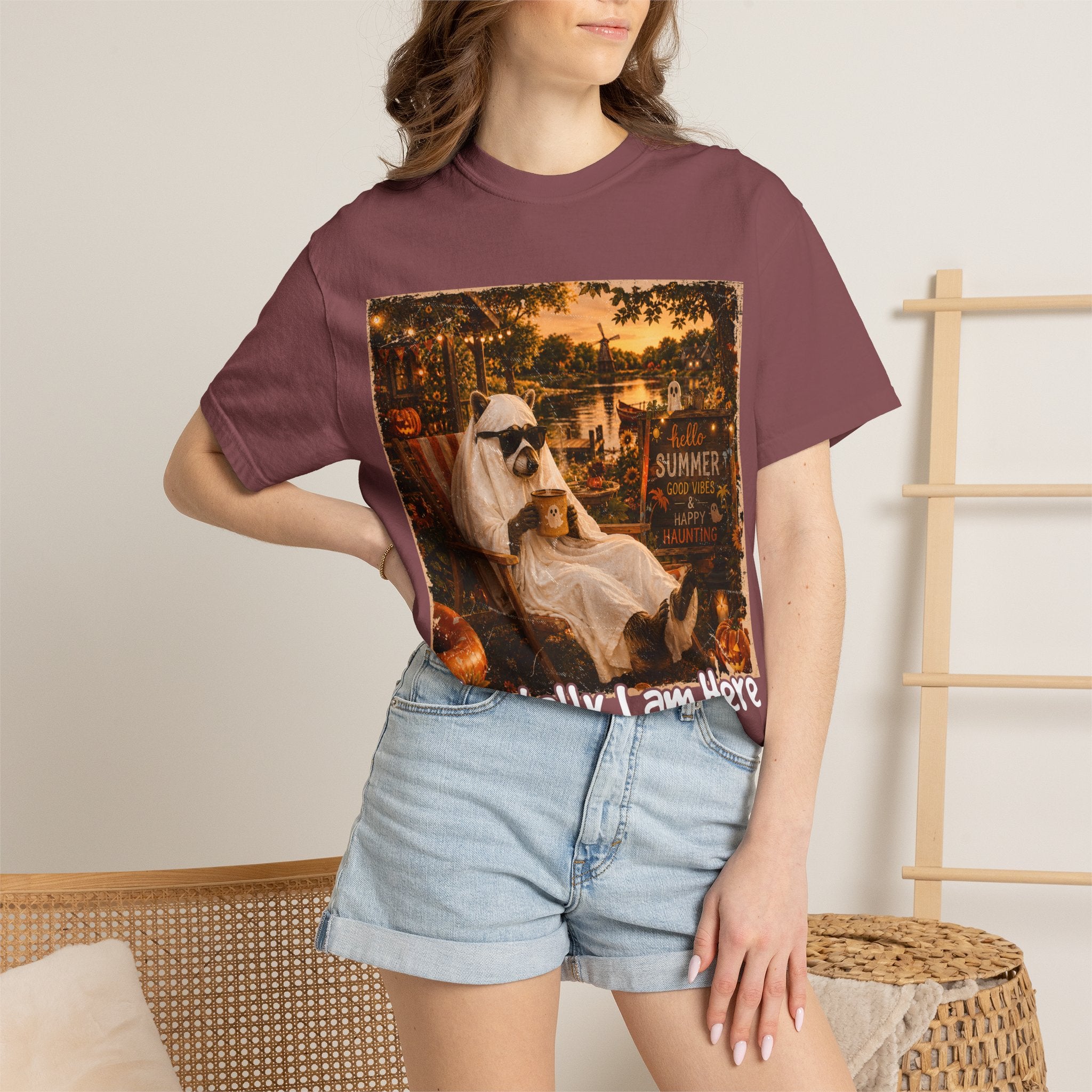 Mentally I Am Here Beach Racoon T-Shirt - Ghost Racoon Summerween Tee