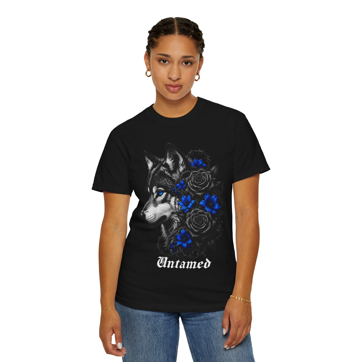 Wolf Floral T-Shirt — "Untamed" Graphic Tee with Blue & Black Roses