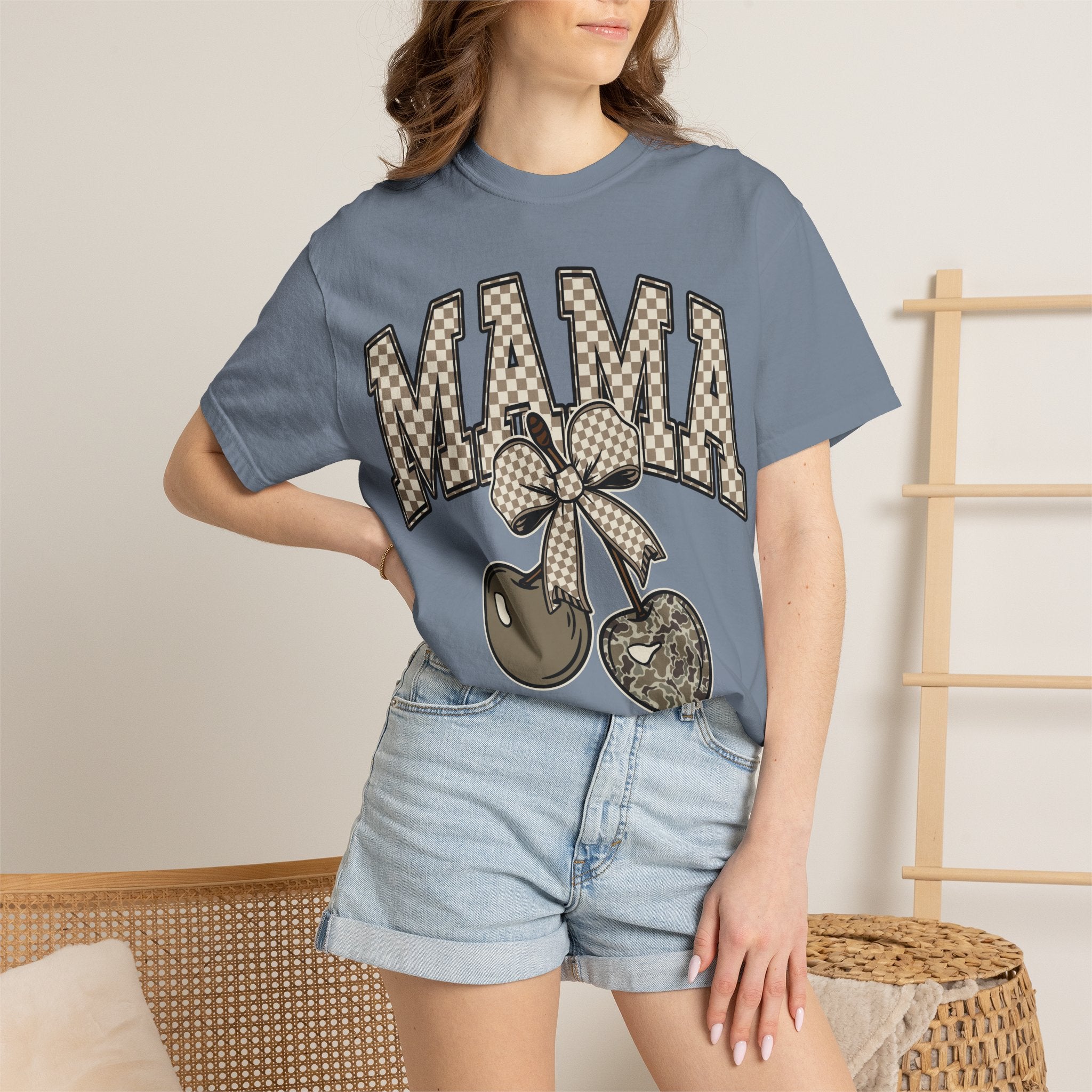Mama Cherry Graphic T-Shirt — Retro Checkerboard Cherry Design. Midnight Eye, LLC
