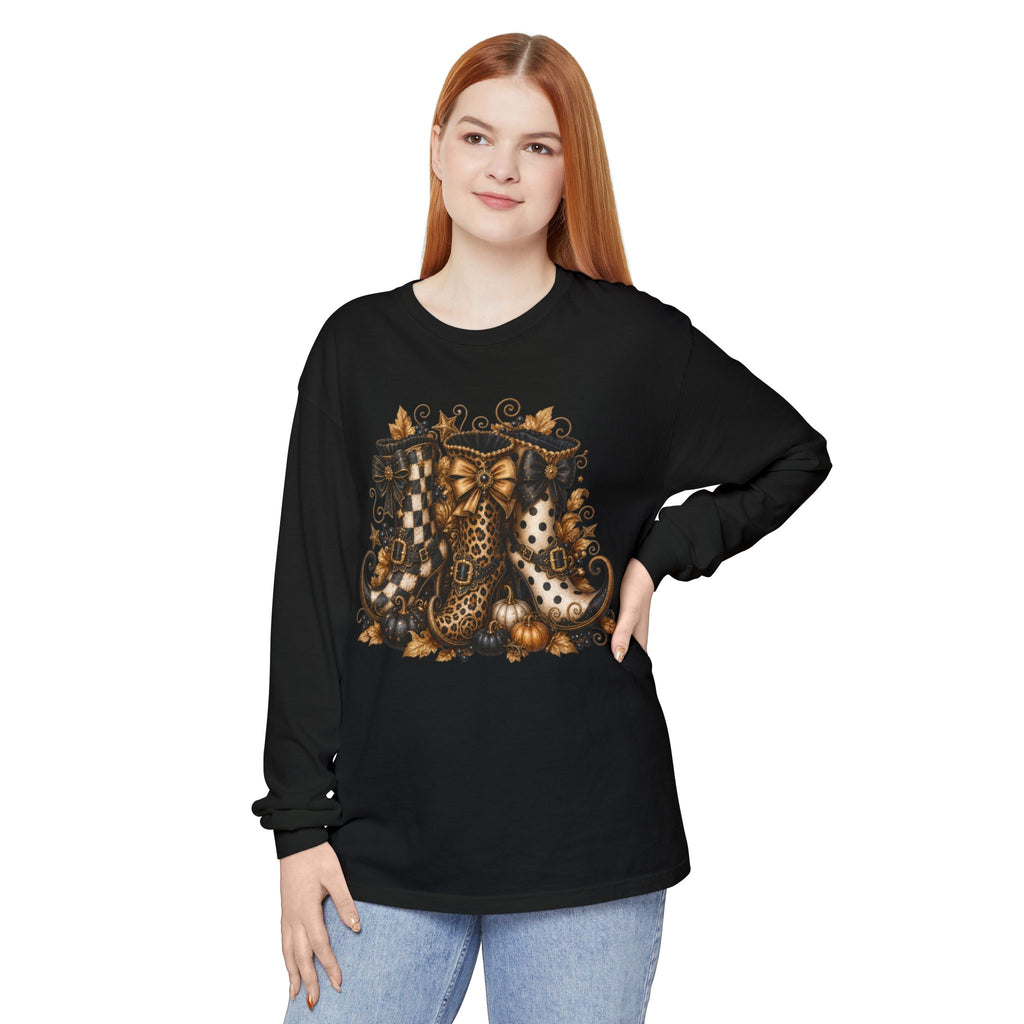 Halloween Witch Boots Long Sleeve T-Shirt — Vintage Spooky Pumpkin & Bows. Midnight Eye, LLC