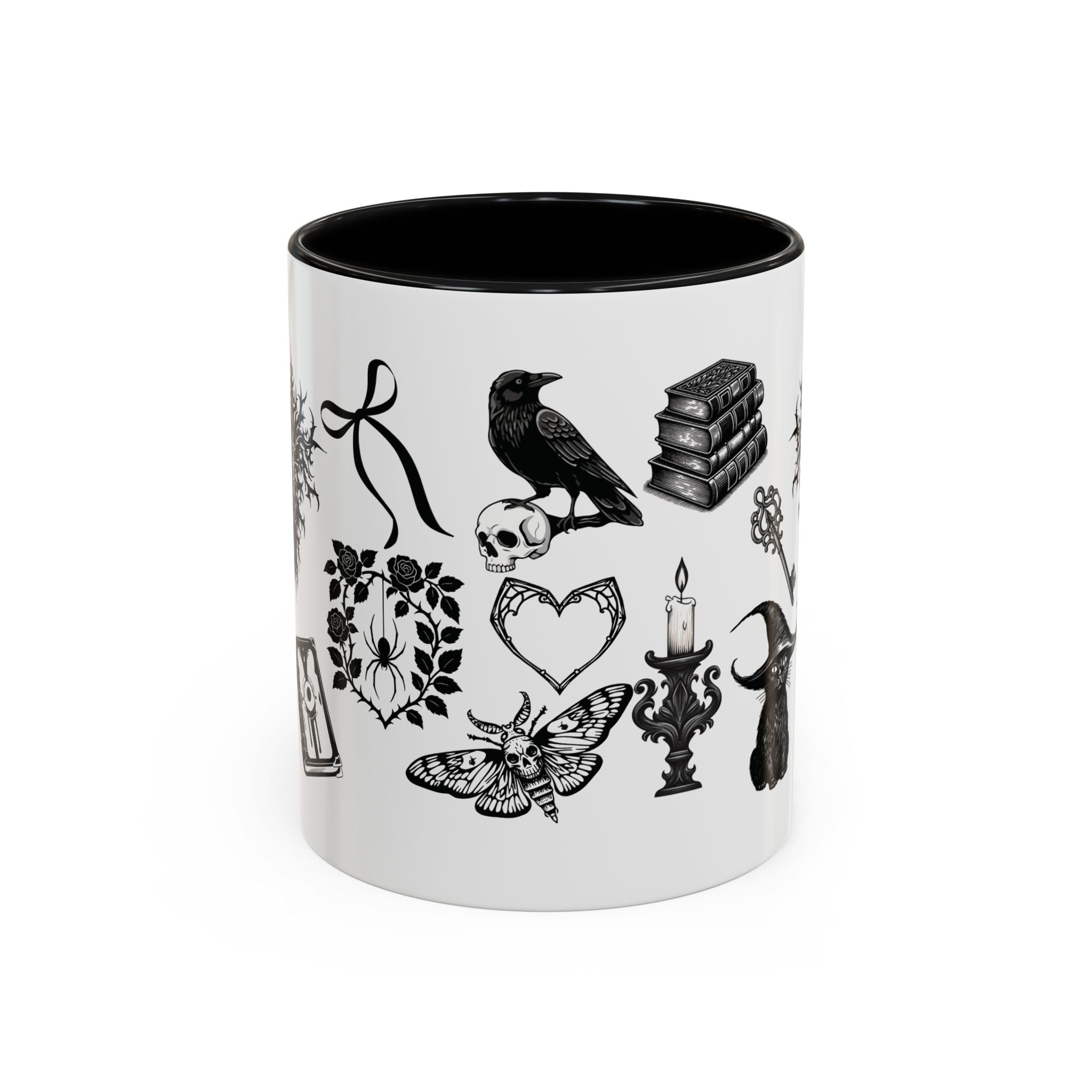Witchcraft Pattern Coffee Mug – Gothic Raven, Broom & Potion Cup - Midnight Eye, LLC