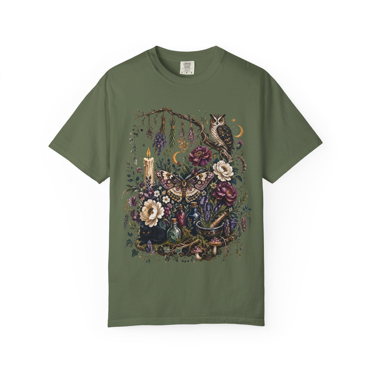 Mystical Forest Owl T-Shirt — Botanical Witchy Moonlight Art Tee, Midnight Eye, LLC