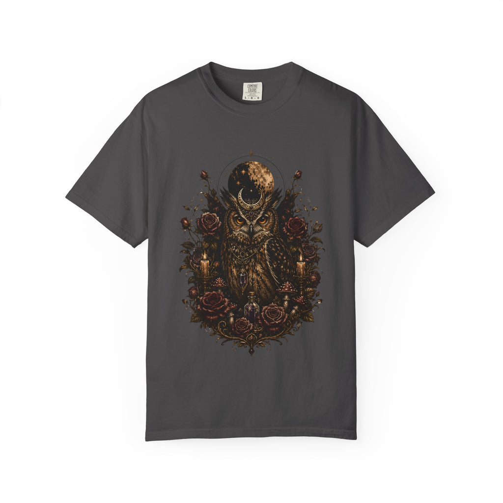 Owl Moon Graphic T-Shirt — Gothic Owl with Roses