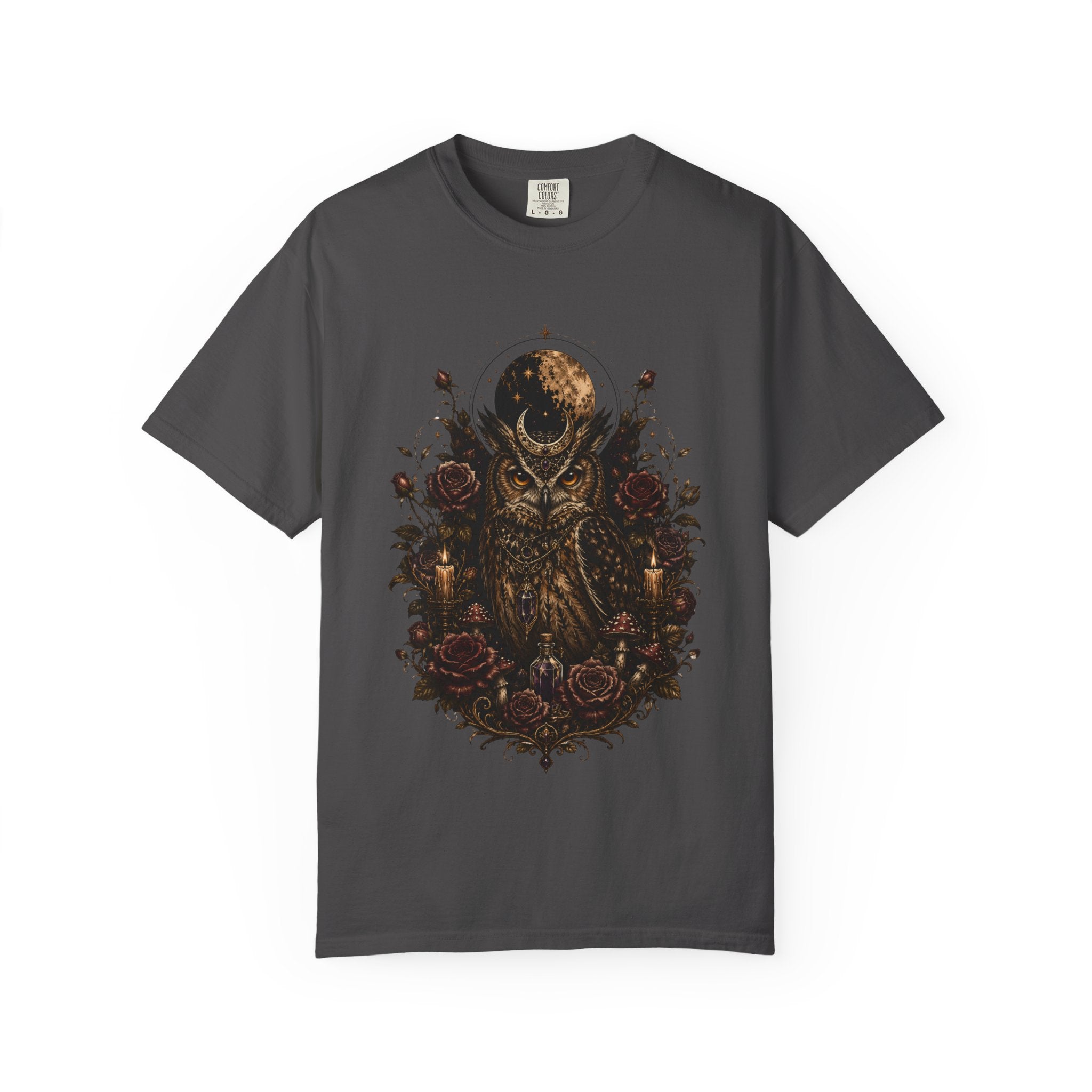 Owl Moon Graphic T-Shirt — Gothic Owl with Roses