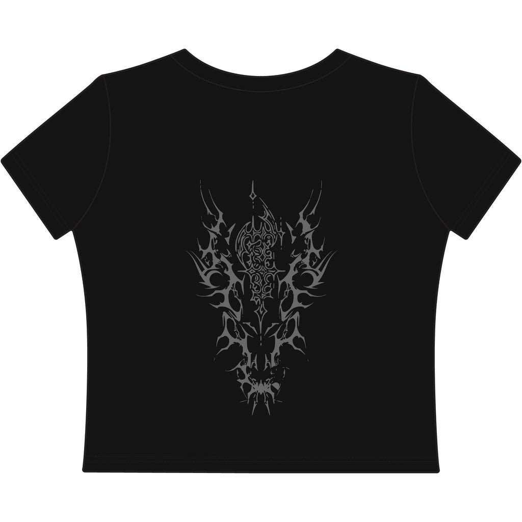 Hard Techno Baby Tee – Tribal Skull Graphic Crop