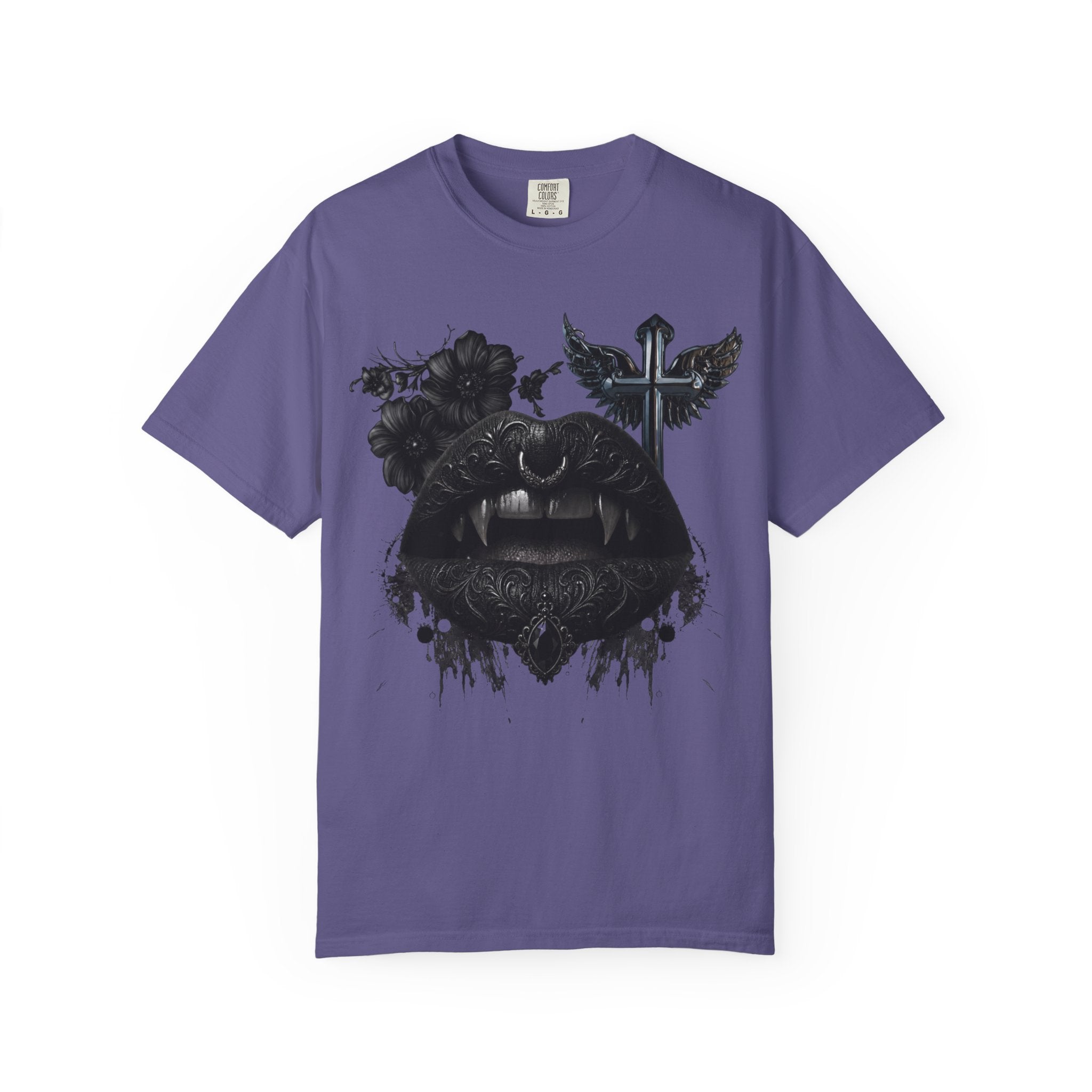 Vampire Black Lips Graphic T-Shirt - Gothic Black Lips and Fangs tee - Dark Aesthetic Tee. midnight Eye, LLC