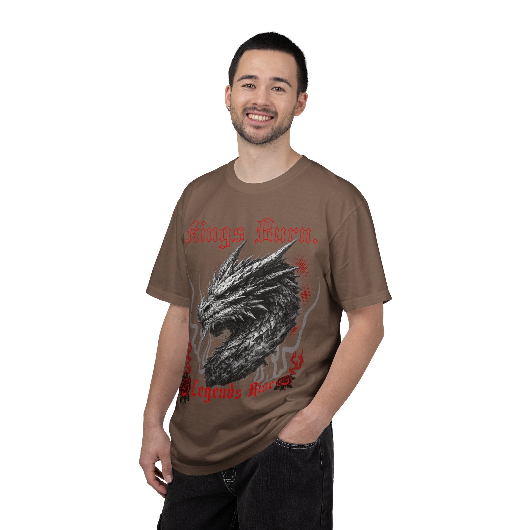 Dragon Head T-Shirt — "Kings Burn. Legends Rise." Red Rose Tattoo Graphic T-Shirt. Midnight Eye, LLC.