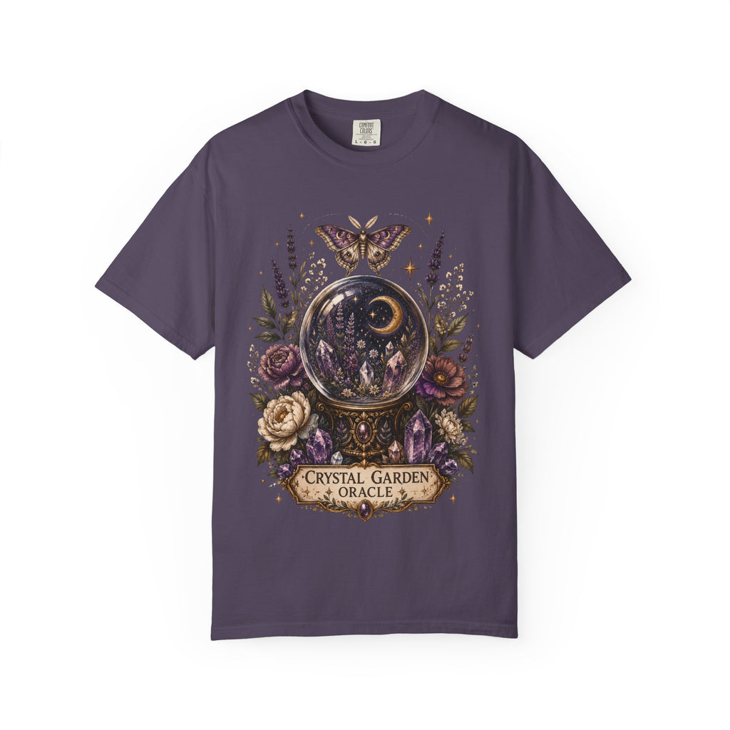 Crystal Garden Oracle T-Shirt — Mystical Moon & Crystal Ball Graphic Tee. Midnight Eye, LLC