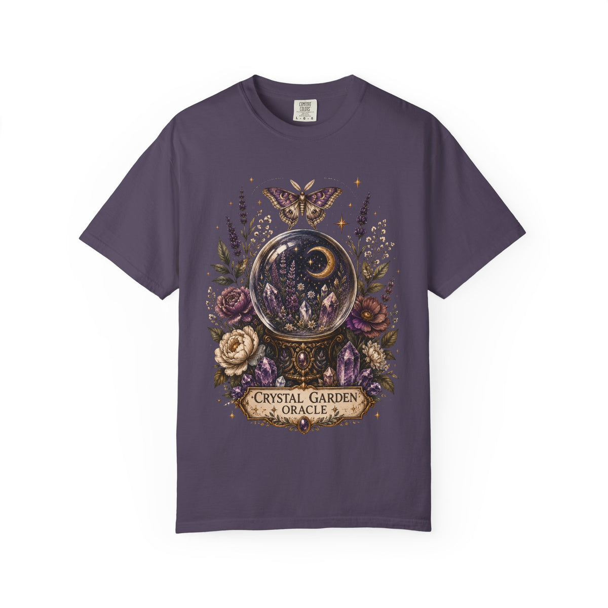 Crystal Garden Oracle T-Shirt — Mystical Moon & Crystal Ball Graphic Tee. Midnight Eye, LLC