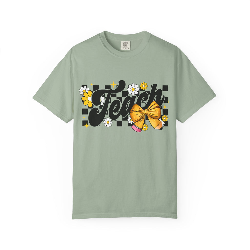 Teacher Floral Bow T-Shirt — 'Teach' Checkerboard Design