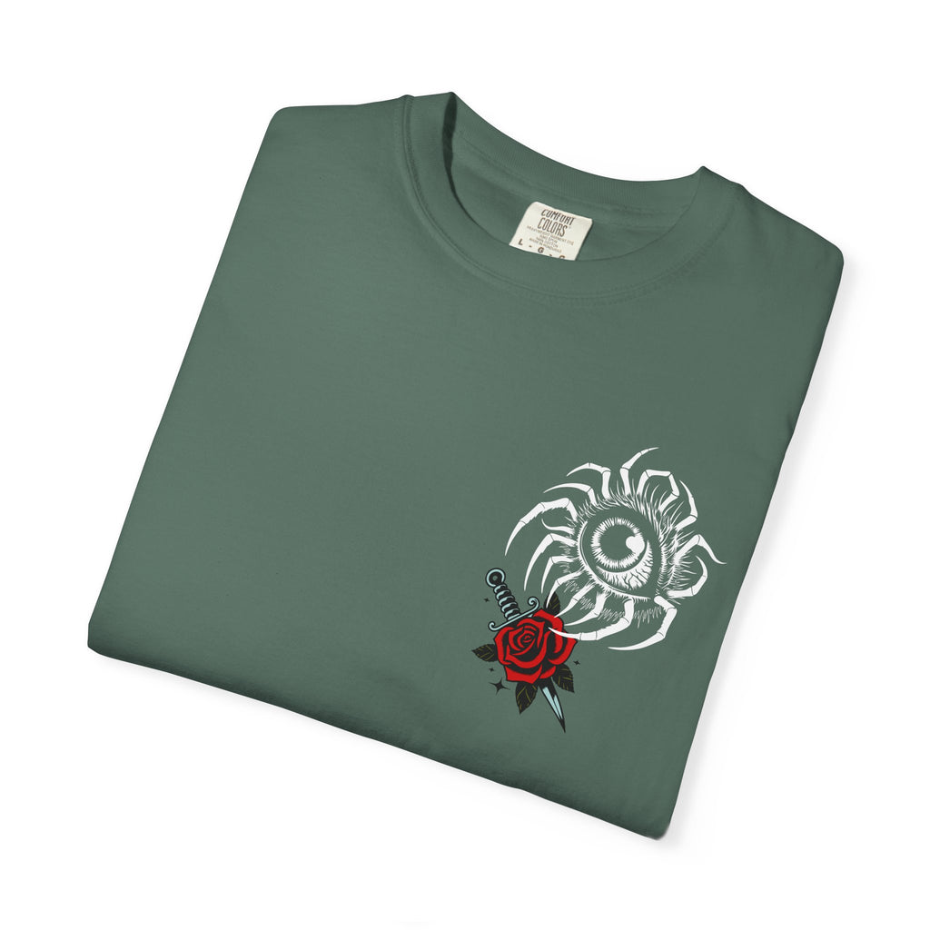 Skull & Red Rose Graphic T-Shirt — Midnight Rose Back Print - Eye T-Shirt - Mystical Tee - Dark Aesthetic Tee - Midnight Eye, LLC