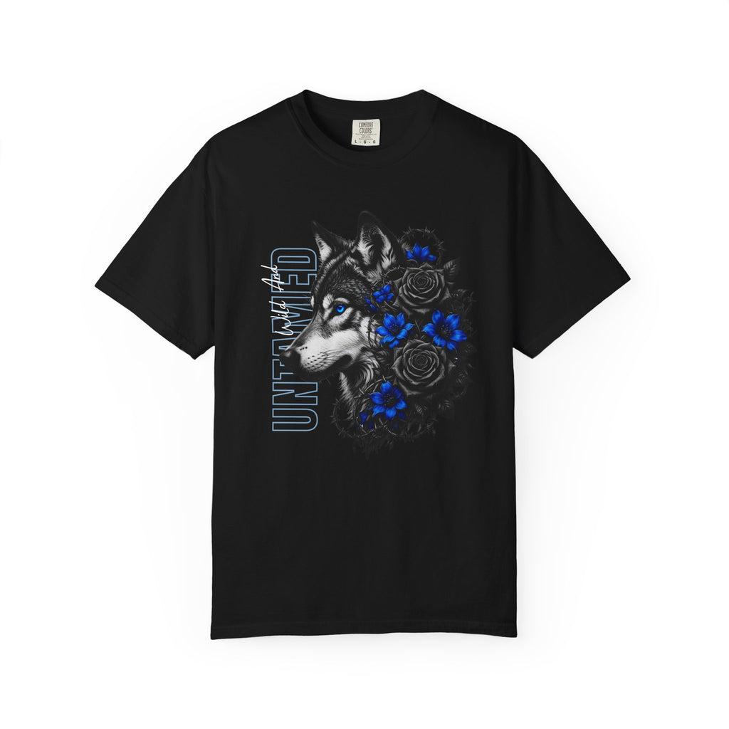 Wolf Floral T-Shirt — "Untamed" Graphic Tee with Blue & Black Roses. Midnight Eye, LLC.