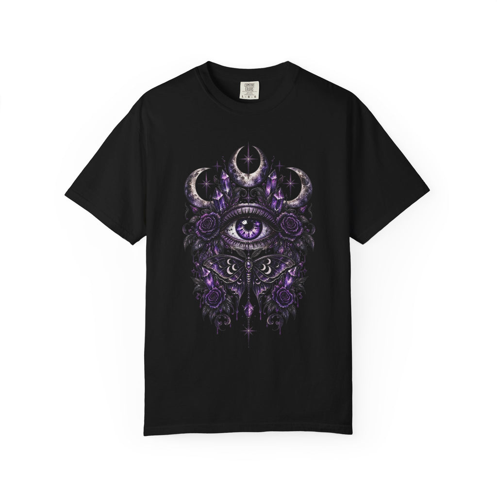 Mystic Eye and Moon T-Shirt — Purple Occult Floral Graphic Tee. Midnight Eye, LLC