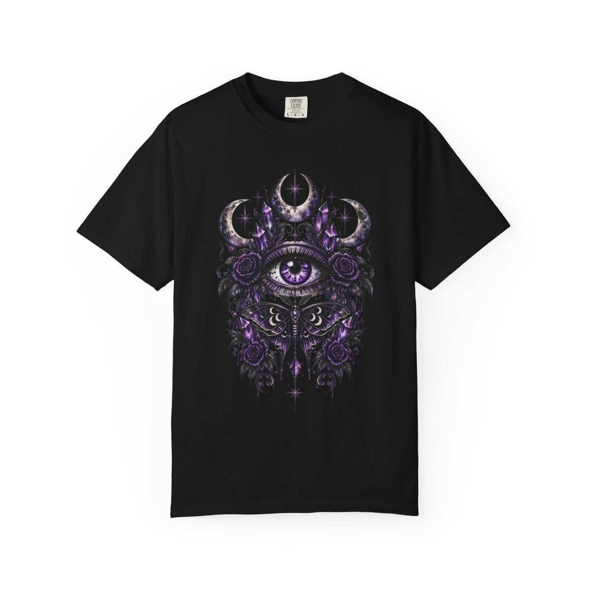 Mystic Eye and Moon T-Shirt — Purple Occult Floral Graphic Tee. Midnight Eye, LLC
