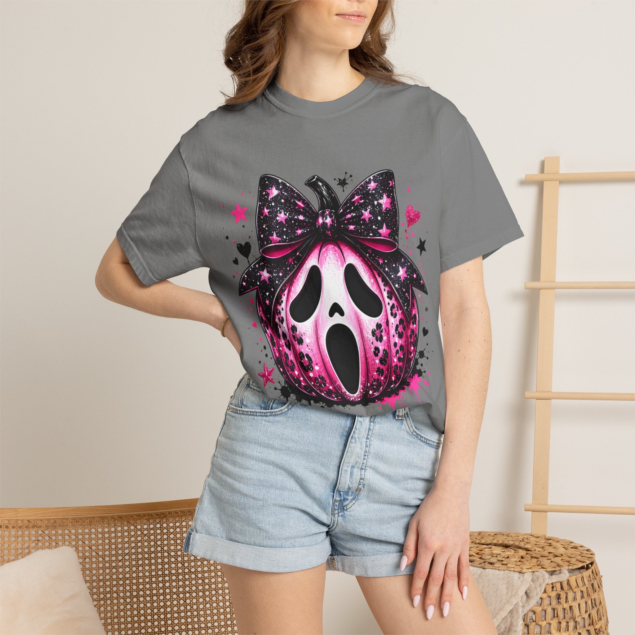 Ghost Face Pumpkin T‑Shirt — Cute Pink Halloween Tee. Midnight Eye, LLC