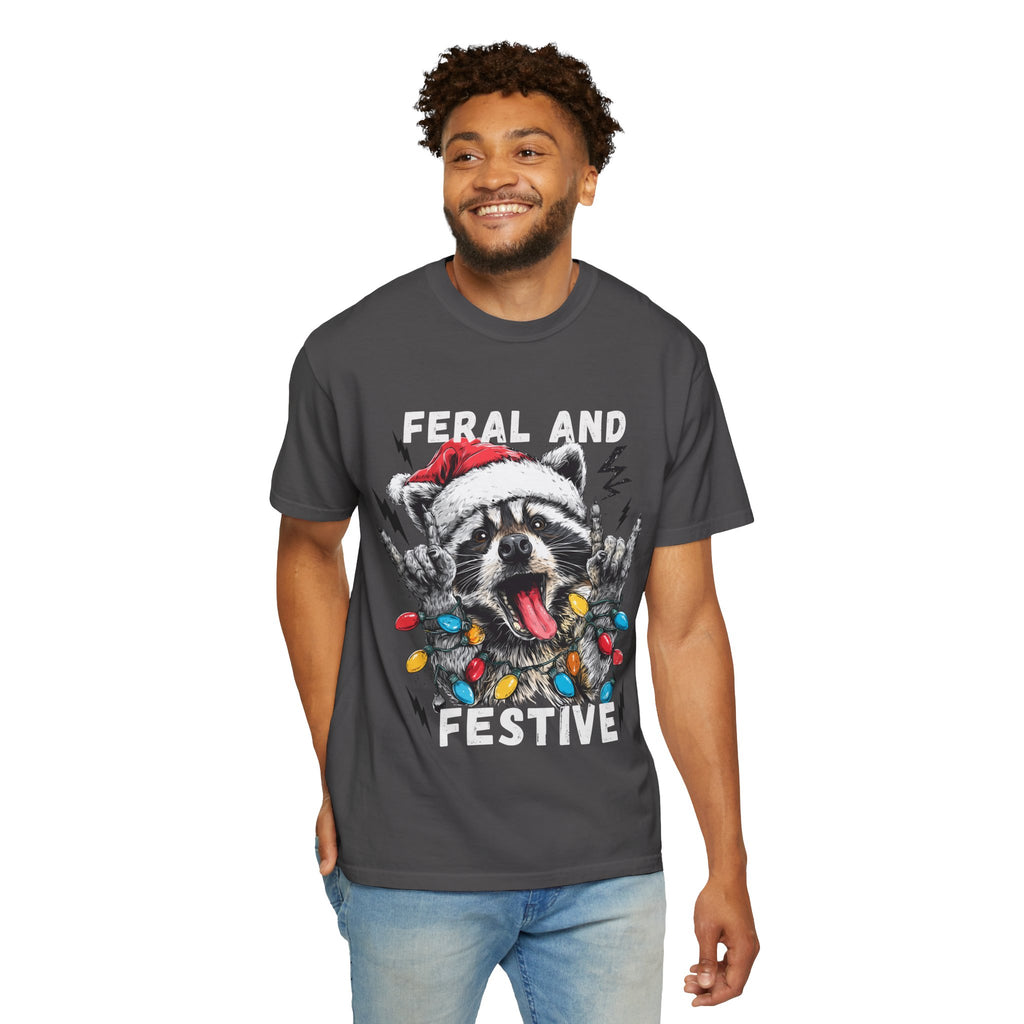 Feral and Festive Funny Raccoon Christmas T-Shirt - Racoon Graphic T-Shirt