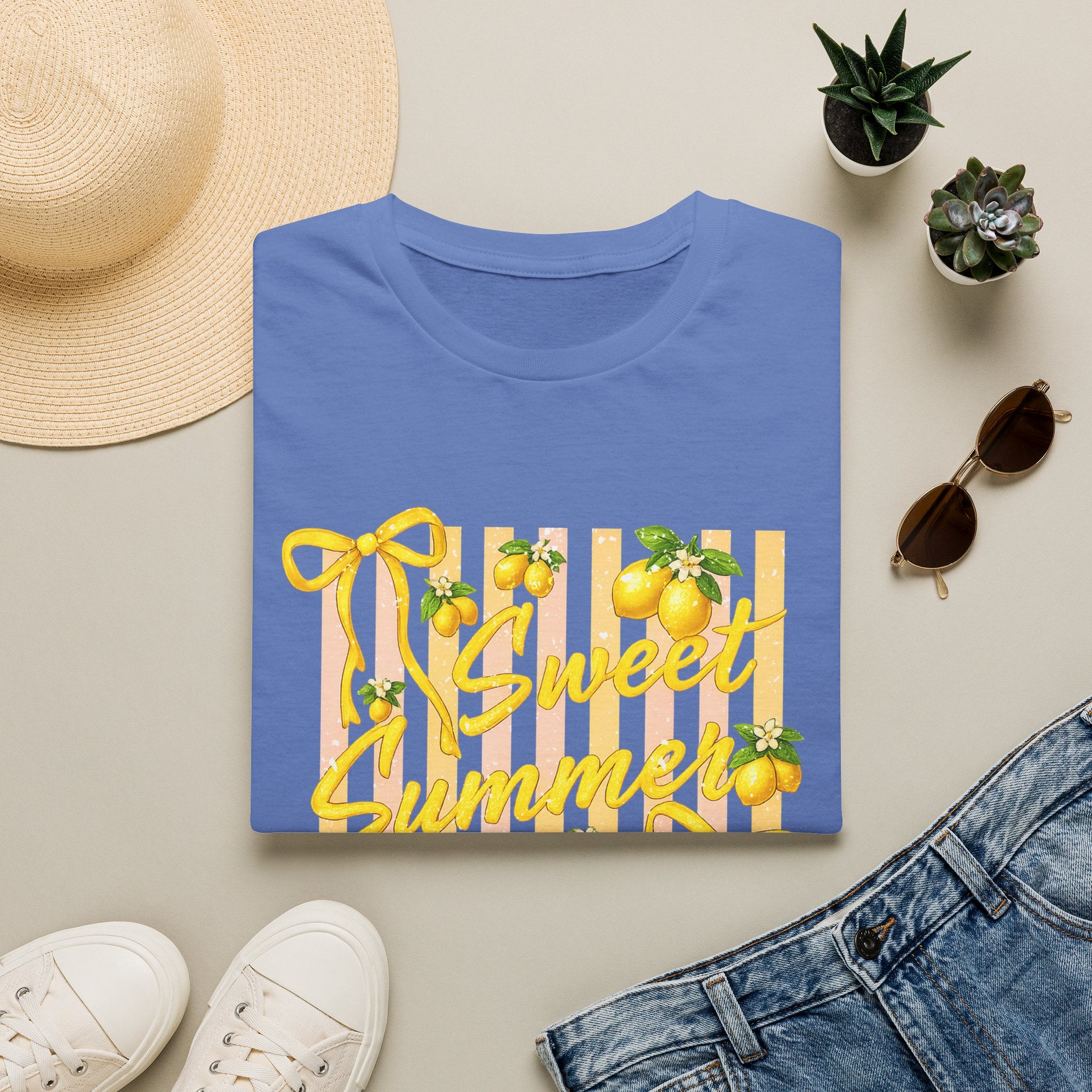 Sweet Summer Lemon Striped T-Shirt - Cute Bows Colorful Summer T-Shirt. Midnight Eye, LLC.