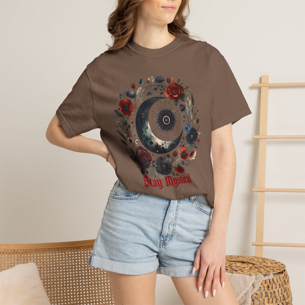 Mystical Moon T-Shirt — “Stay Mystical” Floral Crescent Tee - Dark Aesthetic T-Shirt. Midnight Eye, LLC.
