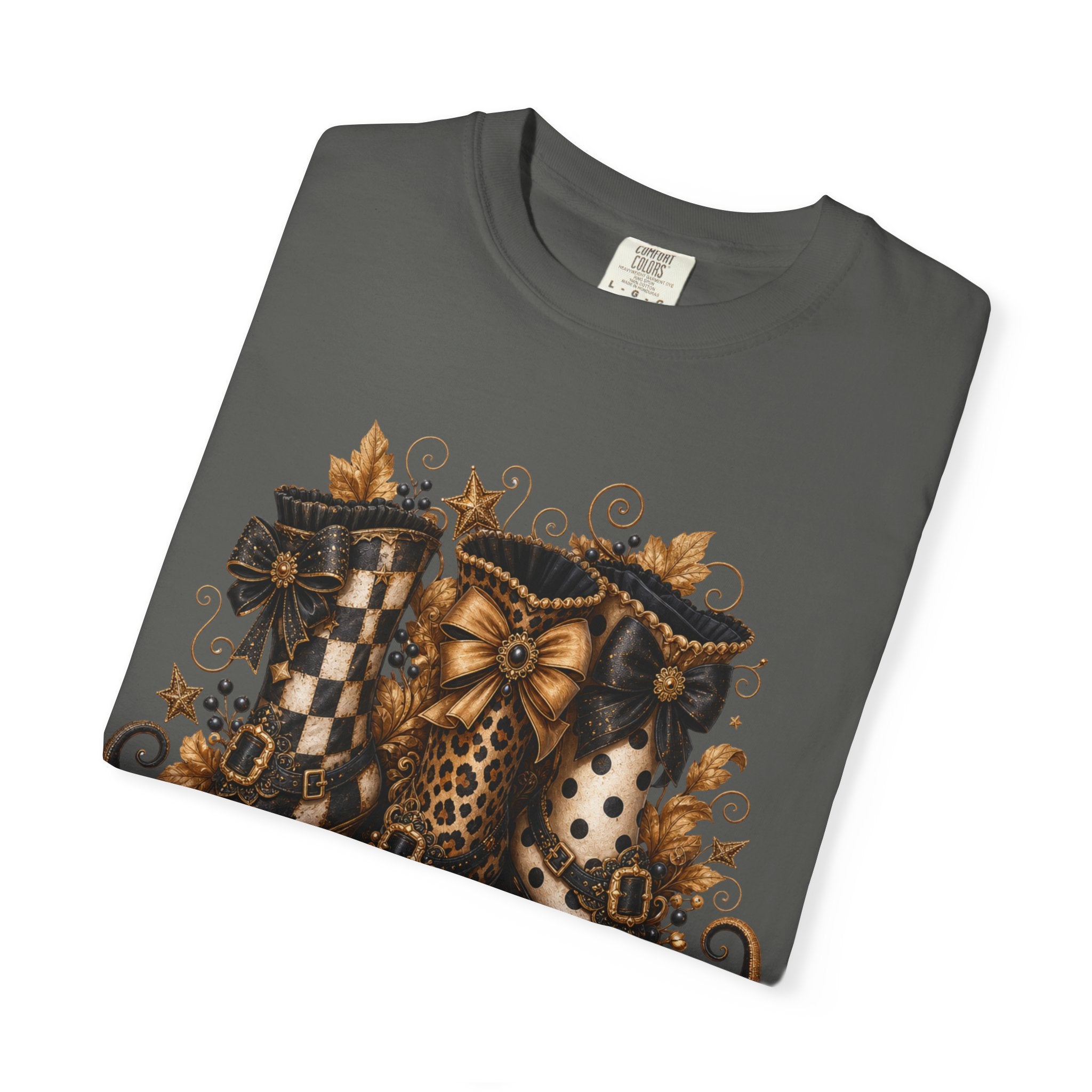 Halloween Cat Bow T-Shirt — Autumn Pumpkin & Checkered Witch Boots Graphic Tee