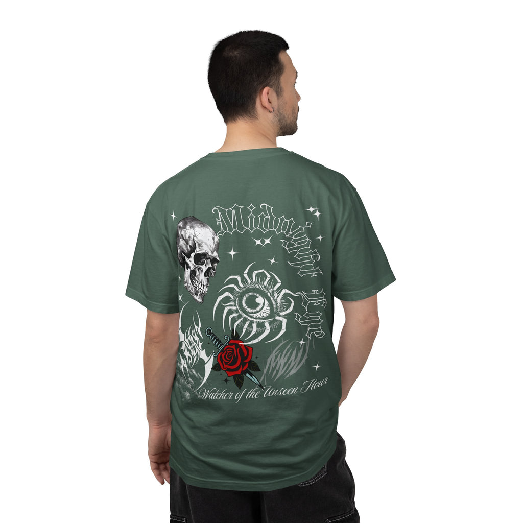 Skull & Red Rose Graphic T-Shirt — Midnight Rose Back Print - Eye T-Shirt - Mystical Tee - Dark Aesthetic Tee - Midnight Eye, LLC