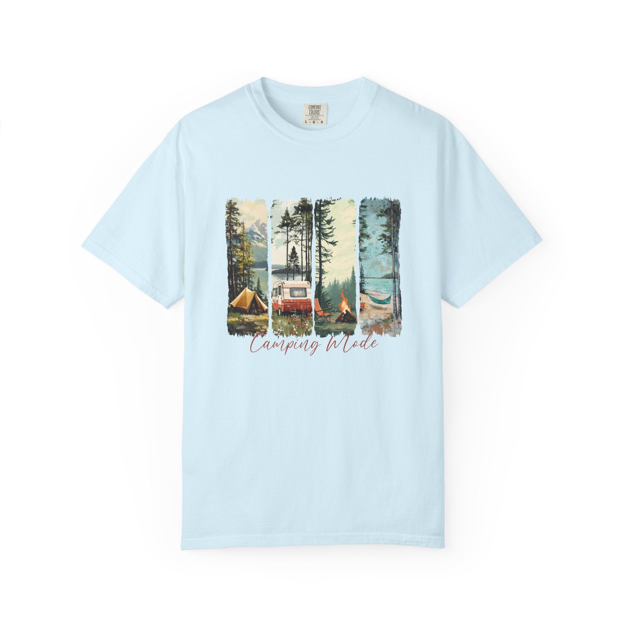 Camping Vibes T-Shirt — 'Camping Mode' Scenic Camper Retro Graphic Tee - Family Adventure Tee - Outdoor Tee - Midnight Eye, LLC