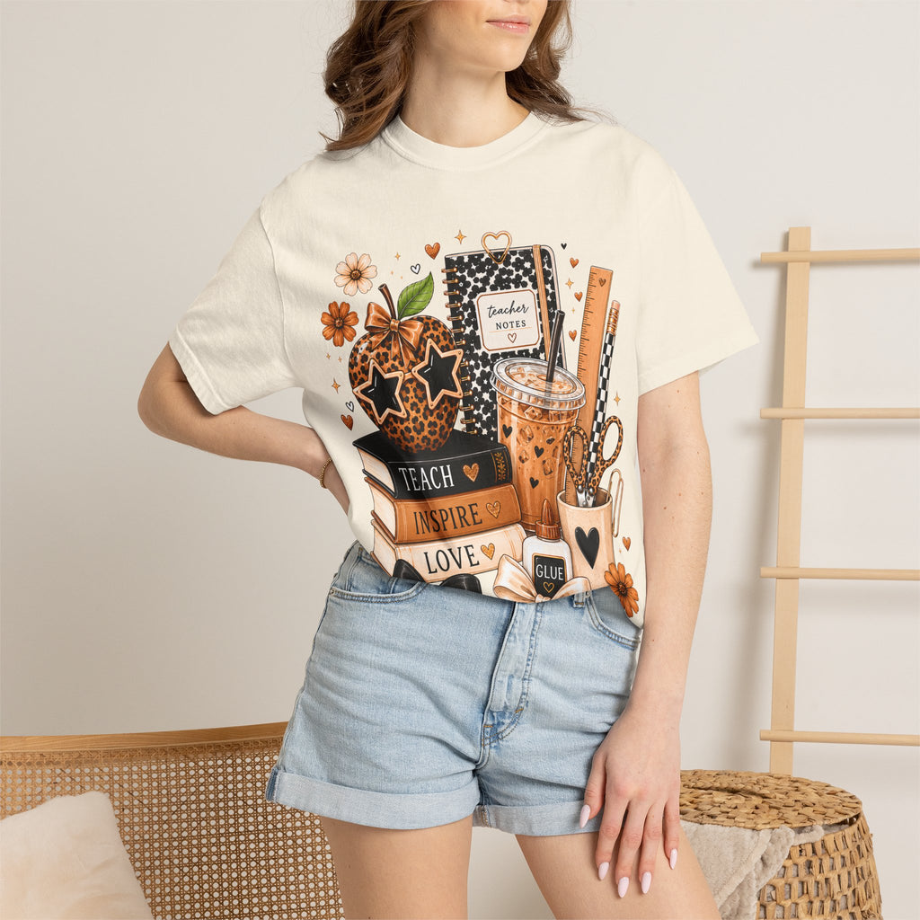 Teacher Life T‑Shirt — Teach Inspire Love Fall Apple & Coffee Graphic Tee